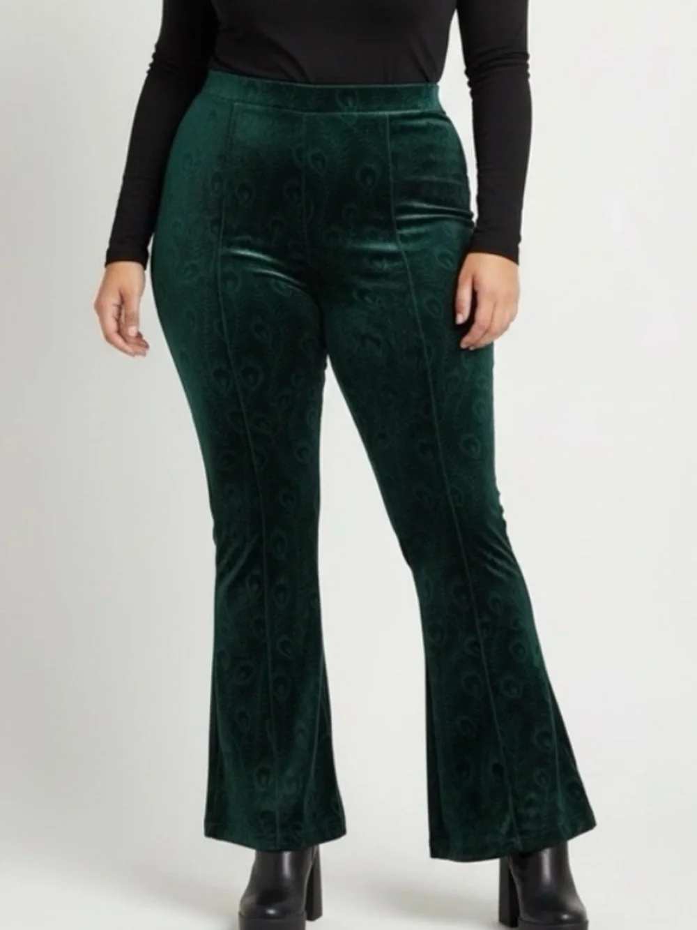 Unique Vintage Green Velvet Two (2) Piece Set Peacock Print Tunic Flare Suit